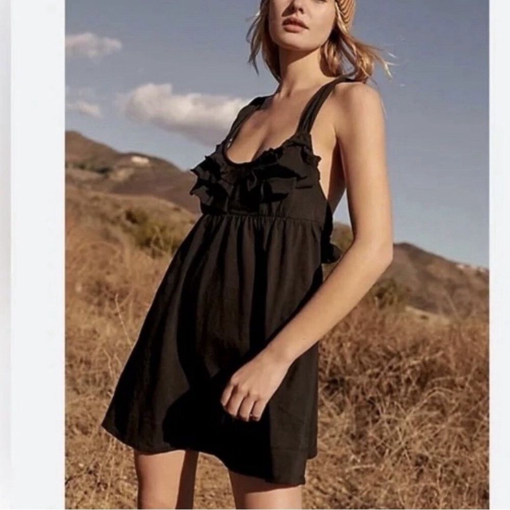 FP Beach Free People Valley Mini Dress Keyhole Ruffle Black Size M